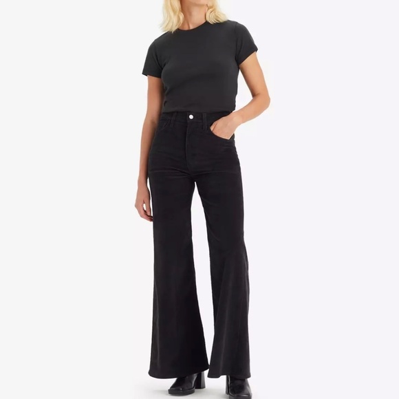 Levi’s Ribcage Bell Corduroy High Rise 70's Flare Pants Black Size 27x32 EUC - Picture 1 of 14